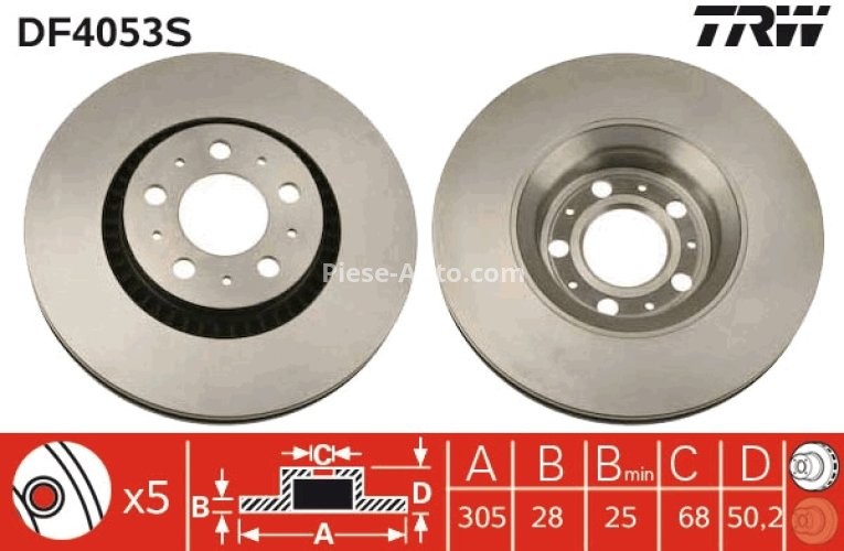 Disc frână TRW ,față, pentru: VOLVO S60 I, S80 I, V70 I, V70 II, XC70 I 2.0-3.0 12.95-04.10