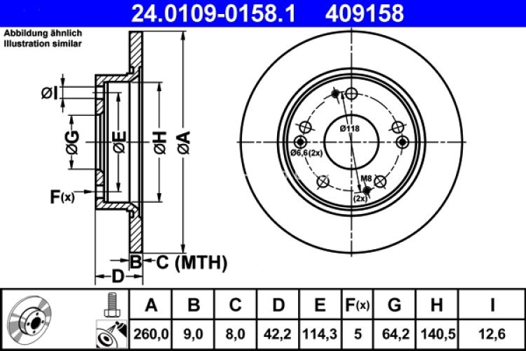 Disc frână ATE, spate, pentru: HONDA CIVIC IX, CIVIC VIII 1.3-2.2D 09.05-12.16
