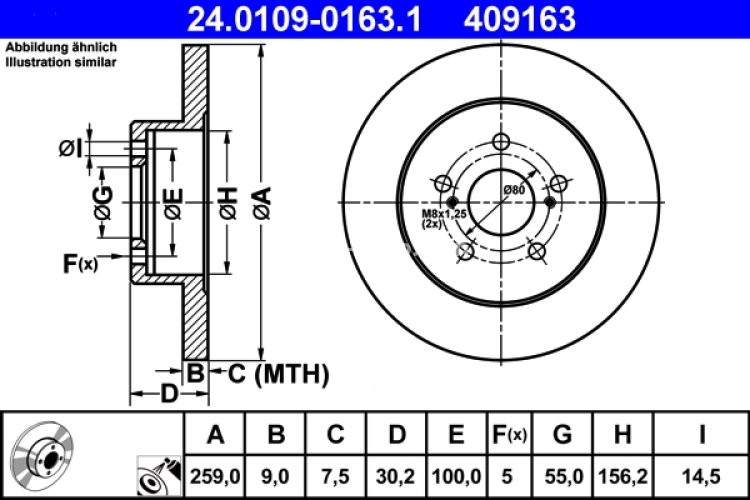 Disc frână ATE, spate, pentru: LEXUS CT; PONTIAC VIBE; SUBARU TREZIA; TOYOTA PRIUS, PRIUS PHV, VERSO S 1.3-1.8H 06.08-