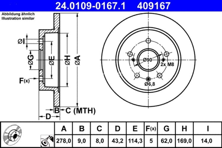Disc frână ATE, spate, pentru: SUZUKI SWIFT III, SX4 1.5-2.4D 02.05- VOLVO S60 II, S80 II, V60 I; FIAT SEDICI; 