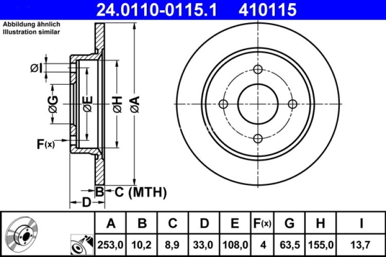 Disc frână ATE, spate, pentru: FORD FIESTA, FIESTA V, FIESTA VI, FOCUS I, FOCUS I/KOMBI, SCORPIO II, SIERRA, SIERRA I, SIERRA II; FORD USA FOCUS, FOCUS ZX3 1.0-2.9 08.82-