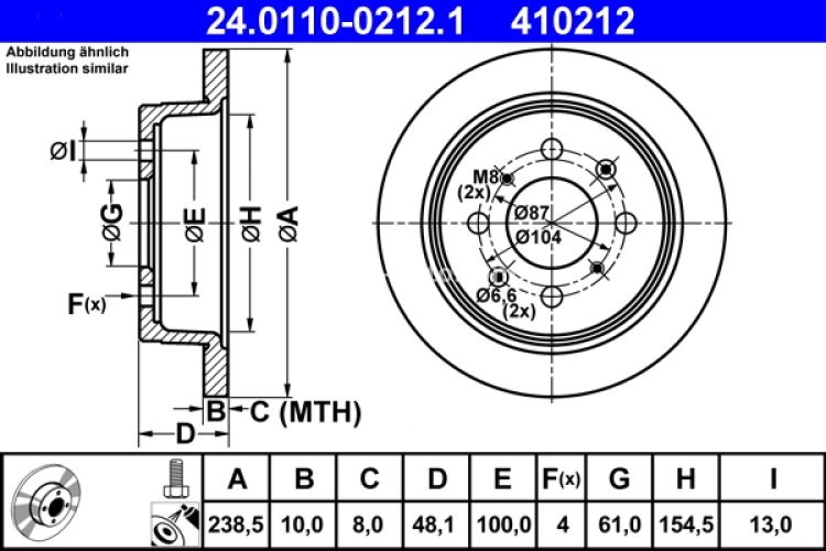 Disc frână ATE, spate, pentru: HONDA ACCORD III, CIVIC IV, CIVIC VI, CONCERTO, CRX II, PRELUDE III; MG MG ZR; ROVER 200, 200 II, 25 I, 400, 400 II, 45 I 1.1-2.0D 11.85-05.05