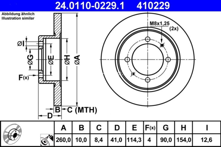 Disc frână ATE, spate, pentru: VOLVO S40 I, V40; MITSUBISHI CARISMA, LANCER V, SPACE STAR 1.3-2.0D 05.95-06.06