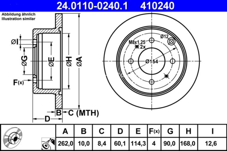 Disc frână ATE, spate, pentru: MITSUBISHI GALANT VII, GALANT VIII, LANCER VII, OUTLANDER I, SANTAMO, SPACE, SPACE RUNNER 1.3-2.5 05.91-12.13