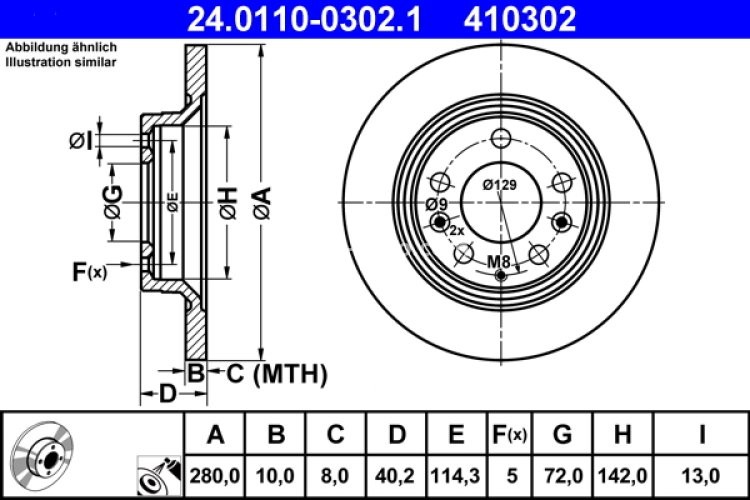 Disc frână ATE, spate, pentru: MAZDA 323 F VI, 323 S VI, 6, 626 V, MX-5 III, PREMACY 1.4-2.5 04.98-12.14