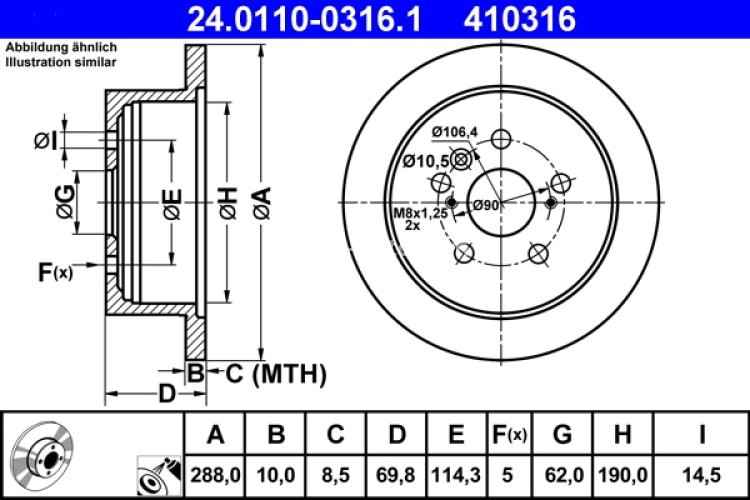 Disc frână ATE, spate, pentru: LEXUS RX; TOYOTA HARRIER, HIGHLANDER / KLUGER 2.4-3.5 09.00-12.13