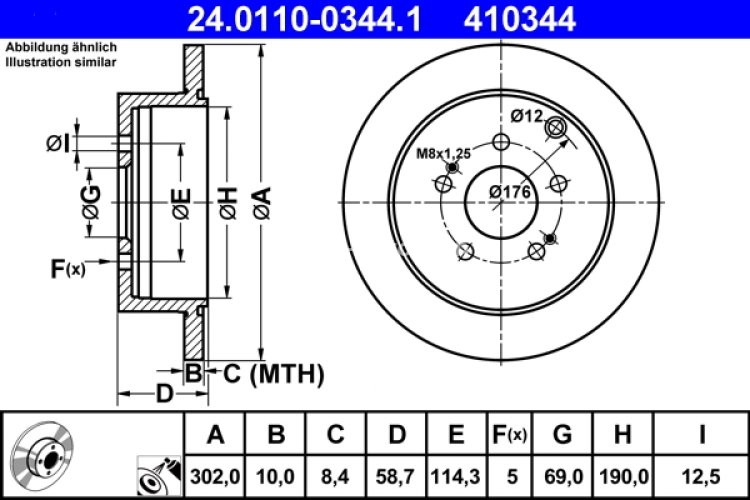 Disc frână ATE, spate, pentru: MITSUBISHI ENDEAVOR, GRANDIS 2.0D/2.4/3.8 01.03-12.11