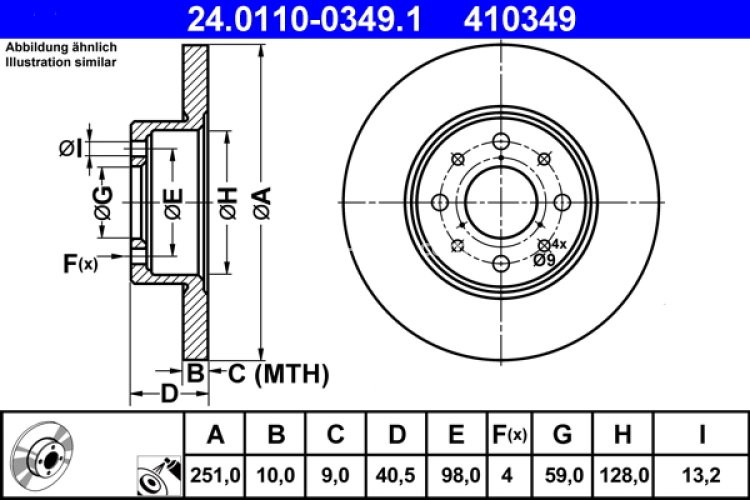 Disc frână ATE, spate, pentru: ALFA ROMEO MITO 0.9-1.6D 08.08-10.18