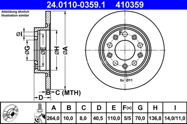 Disc frână ATE, spate, pentru: ALFA ROMEO 159, GIULIETTA, GIULIETTA/HATCHBACK 1.4-2.0D 09.05-12.20