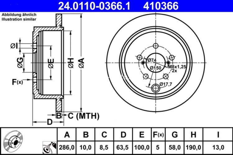 Disc frână ATE, spate, pentru: SUBARU BRZ, FORESTER, IMPREZA, LEGACY V, OUTBACK; TOYOTA GT 86 1.5-3.6 07.07-