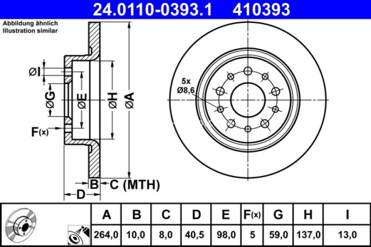 Disc frână ATE, spate, pentru: FIAT 500L, TIPO 1.0-1.6D 09.13-