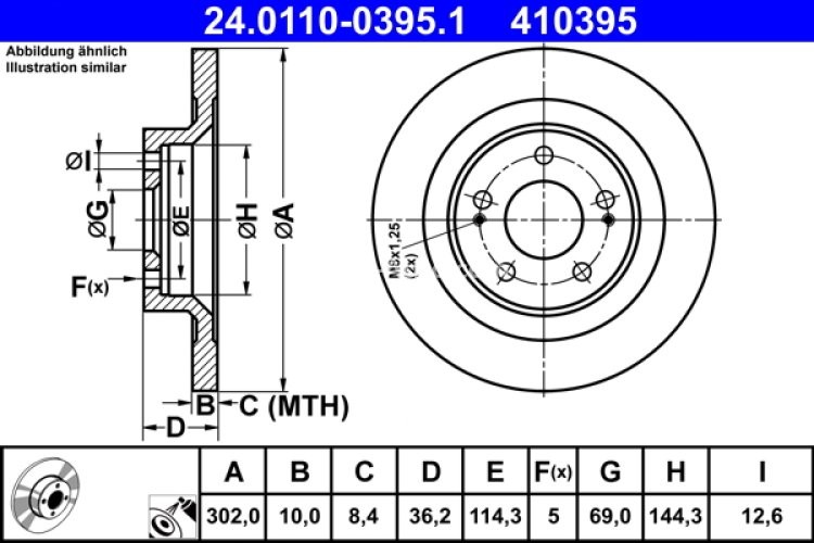 Disc frână ATE, spate, pentru: CITROEN C4 AIRCROSS; MITSUBISHI ASX, ECLIPSE, OUTLANDER II, OUTLANDER III; PEUGEOT 4008 1.5-3.0 11.06-