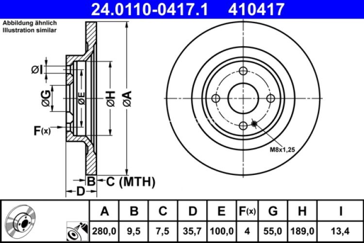 Disc frână ATE, spate, pentru: ABARTH 124 SPIDER; FIAT 124 SPIDER; MAZDA MX-5 IV, MX-5 RF TARGA 1.4/2.0 06.15-
