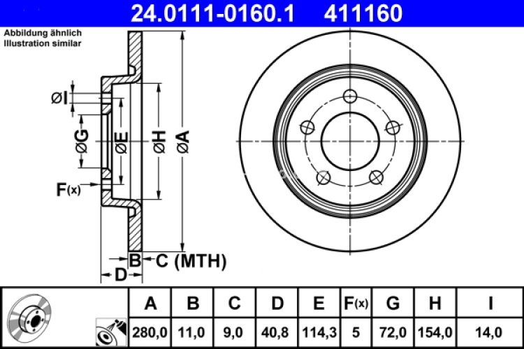 Disc frână ATE, spate, pentru: MAZDA 3, 5 1.6D-2.3 10.03-