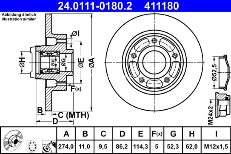 Disc frână ATE, spate, cu rulment (cu inel ABS) pentru: RENAULT FLUENCE, GRAND SCENIC III, LATITUDE, SCENIC III 1.2-Electric 02.09-