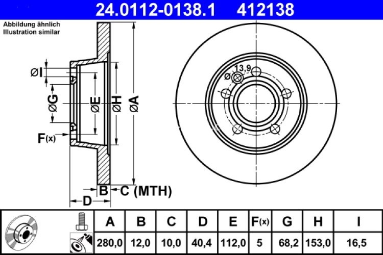 Disc frână ATE, spate, pentru: SEAT ALHAMBRA; VW SHARAN, TRANSPORTER T4 1.8-2.8 07.90-03.10