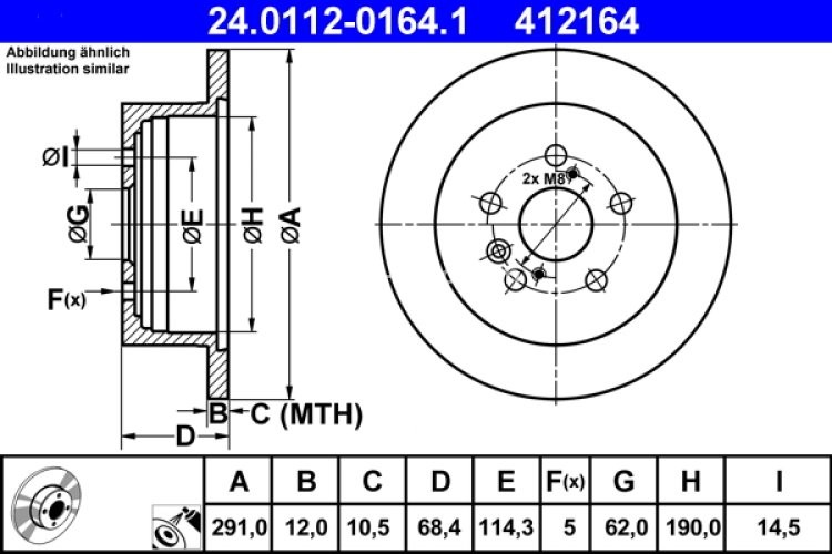 Disc frână ATE, spate, pentru: TOYOTA ALPHARD I, AVENSIS VERSO, ISIS, PREVIA II, SIENNA 2.0-3.5 02.00-08.14
