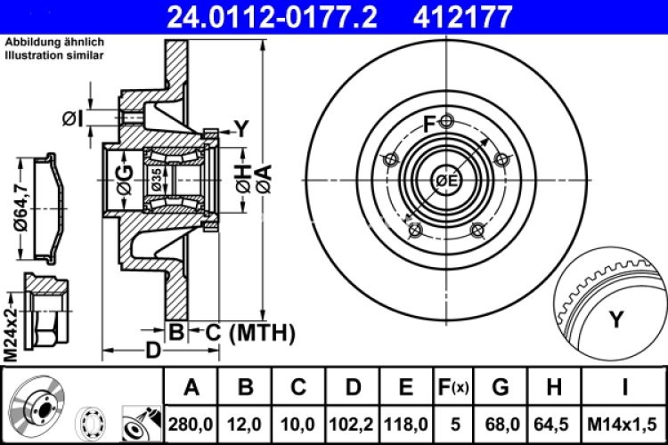 Disc frână ATE, spate, cu rulment (cu inel ABS) pentru: NISSAN PRIMASTAR; OPEL VIVARO A; RENAULT TRAFIC II 1.9D-2.5D 02.01-