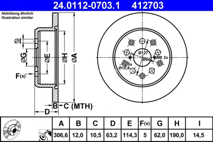 Disc frână ATE, spate, pentru: LEXUS GS, IS I, IS SPORTCROSS, SC; TOYOTA ALTEZZA, ALTEZZA GITA, ARISTO, MARK II IX, VEROSSA 2.0-4.3 08.97-07.10