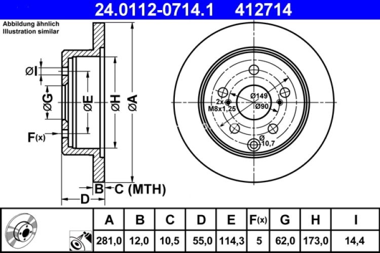 Disc frână ATE, spate, pentru: LEXUS HS; TOYOTA MARK X ZIO I, RAV 4 III, RAV 4 IV 2.0-3.5 11.05-