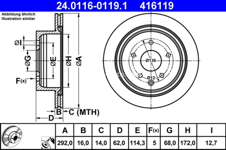 Disc frână ATE, spate, pentru: INFINITI G; NISSAN 350Z, JUKE, LEAF, QASHQAI I, QASHQAI II, ROGUE, X-TRAIL, X-TRAIL I, X-TRAIL II; RENAULT KOLEOS I, KOLEOS II 1.5D-Electric 06.01-