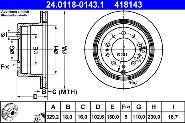 Disc frână ATE, spate, pentru: LEXUS LX; TOYOTA LAND CRUISER, LAND CRUISER 100 4.2D/4.7 01.98-03.08