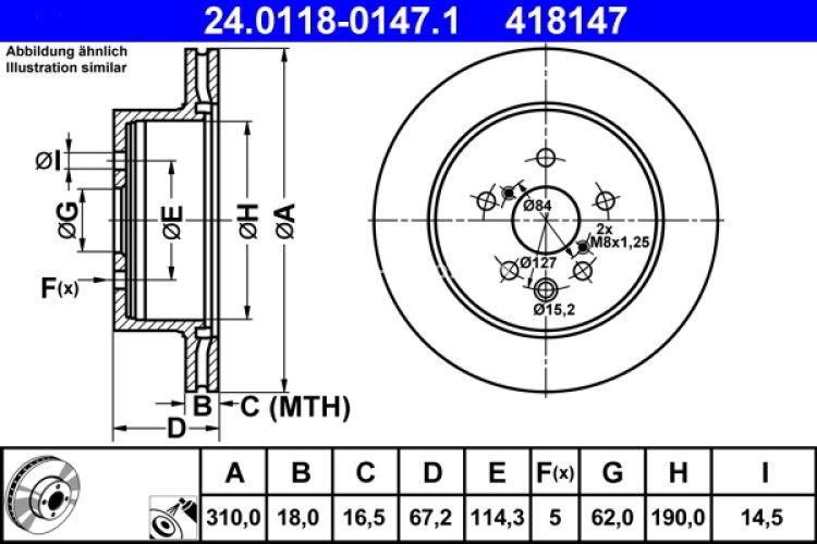 Disc frână ATE, spate, pentru: LEXUS GS, IS C, IS II; TOYOTA CROWN, MARK X I, MARK X II 2.2D-4.6 09.03-