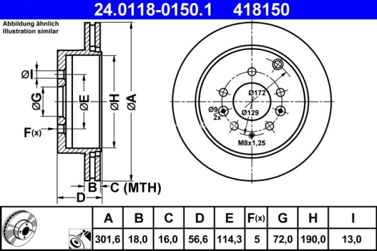 Disc frână ATE, spate, pentru: MAZDA CX-7 2.2D/2.3/2.5 06.06-12.14
