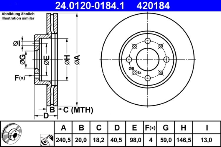 Disc frână ATE, față, pentru: FIAT 500, 500 C, PANDA, PANDA/HATCHBACK; FORD KA 1.2-1.4CNG 09.03-