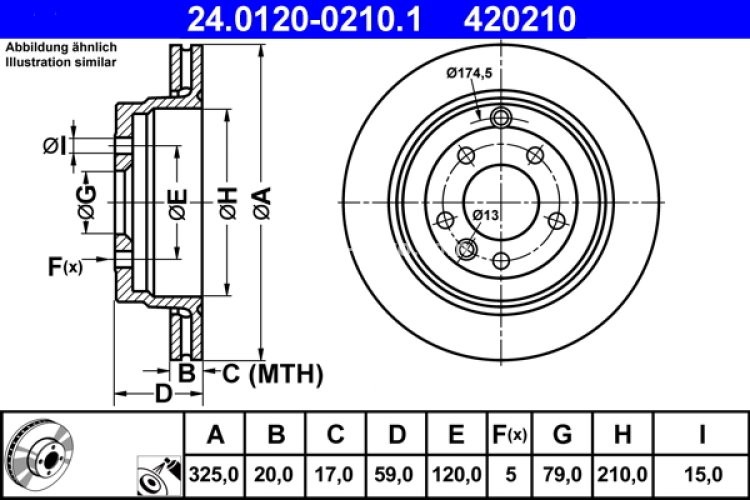 Disc frână ATE, spate, pentru: LAND ROVER DISCOVERY III, DISCOVERY IV, RANGE ROVER SPORT I 2.7D/4.0/4.4 07.04-12.18