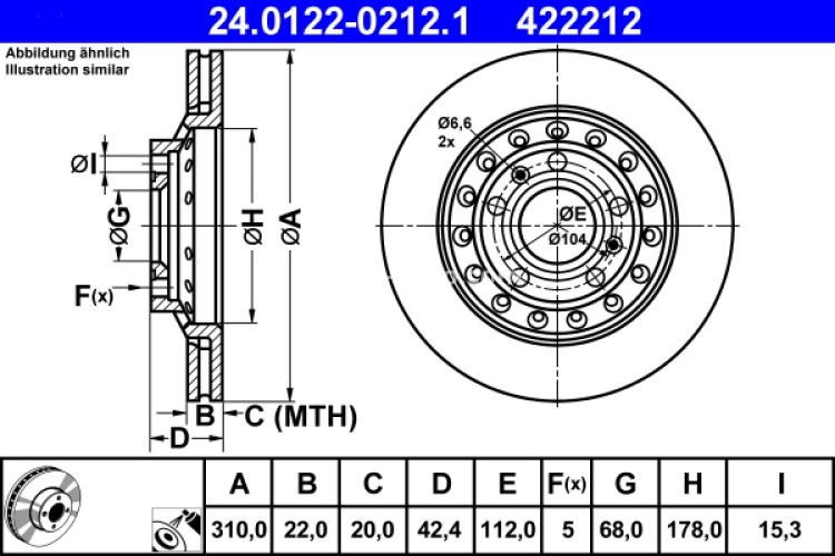 Disc frână ATE, spate, pentru: AUDI A8 D3; VW PHAETON 2.8-6.0 04.02-03.16