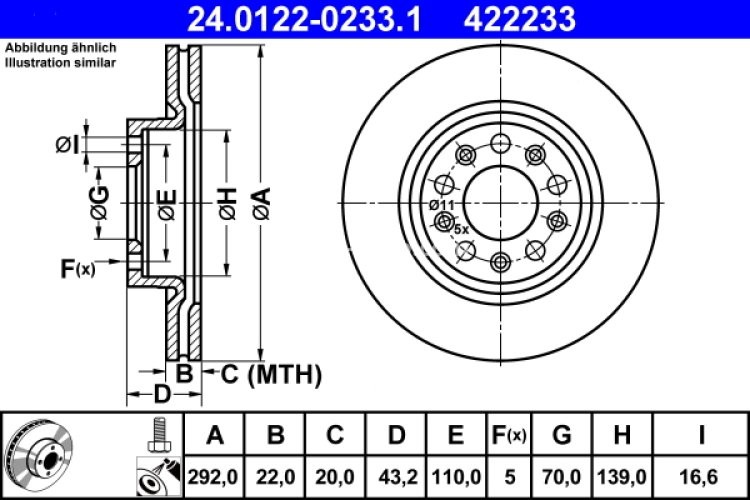 Disc frână ATE, spate, pentru: ALFA ROMEO 159, BRERA, GIULIA, SPIDER 1.8-3.2 09.05-