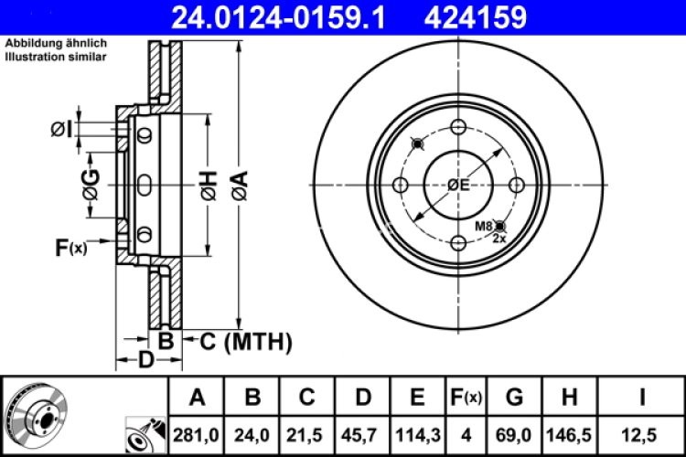 Disc frână ATE, față, pentru: VOLVO S40 I, S40 II, V40; MITSUBISHI CARISMA 1.3-2.0D 05.95-12.10
