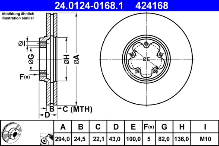 Disc frână ATE, față, pentru: FORD TRANSIT 2.0D-2.4D 01.00-05.06