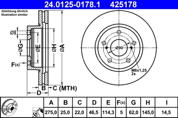 Disc frână ATE, față, pentru: LEXUS HS; TOYOTA NOAH/VOXY, PRIUS PLUS, RAV 4 III, RAV 4 IV 1.8H-3.5 11.05-