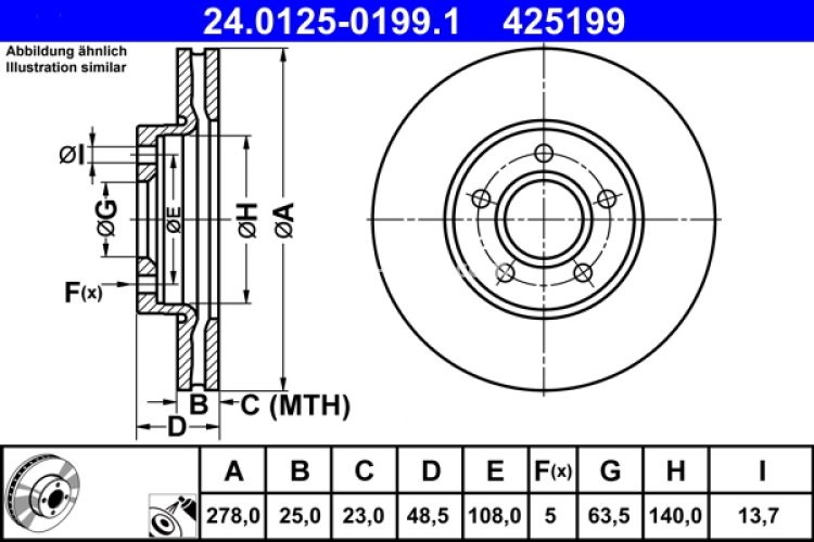 Disc frână ATE, față, pentru: VOLVO C30, C70 II, S40 II, V50; FORD C-MAX II, FOCUS III, FOCUS III/KOMBI, GRAND C-MAX 1.0-Electric 12.03-02.20