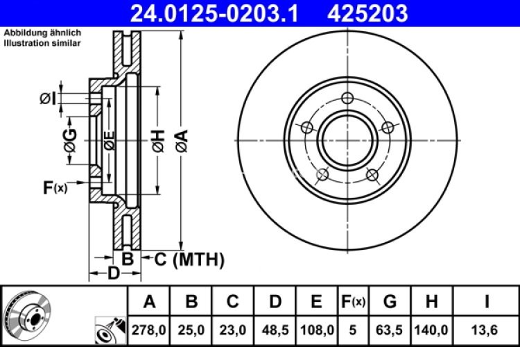 Disc frână ATE, față, pentru: VOLVO C30, V40 1.5-2.5 10.06-08.19