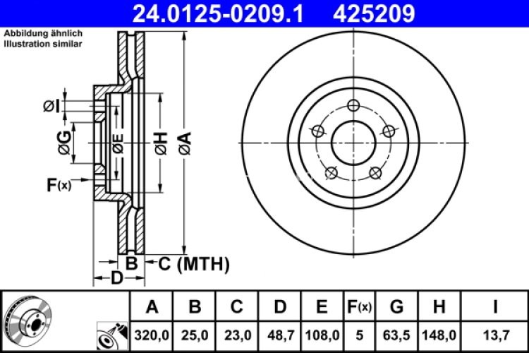 Disc frână ATE, față, pentru: VOLVO S40 II; FORD FOCUS II, FOCUS III, KUGA II, TOURNEO CONNECT V408 NADWOZIE WIELKO, TRANSIT CONNECT, TRANSIT CONNECT V408/MINIVAN 1.0-2.5 01.04-