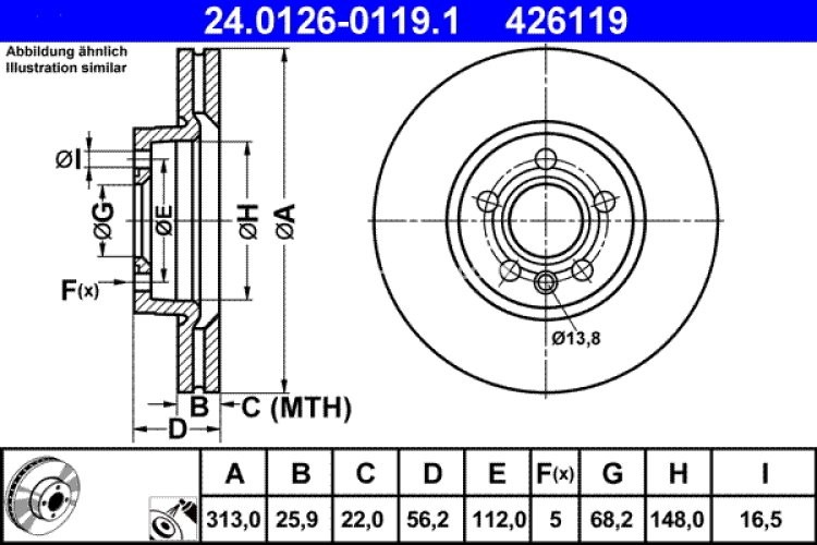 Disc frână ATE, față, pentru: SEAT ALHAMBRA; VW SHARAN, TRANSPORTER T4 1.8-6.0 07.90-