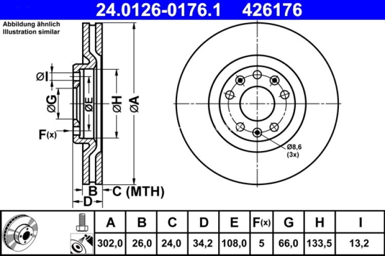 Disc frână ATE, față,  (modelat / puternic carbonatat) pentru: PEUGEOT RCZ 1.6/2.0D 03.10-12.15