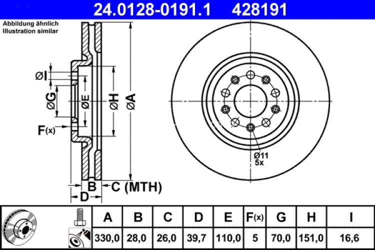 Disc frână ATE, față, pentru: ALFA ROMEO 159, BRERA, GIULIETTA, GIULIETTA/HATCHBACK, SPIDER; CHRYSLER 200; JEEP CHEROKEE 1.4-3.2 09.05-