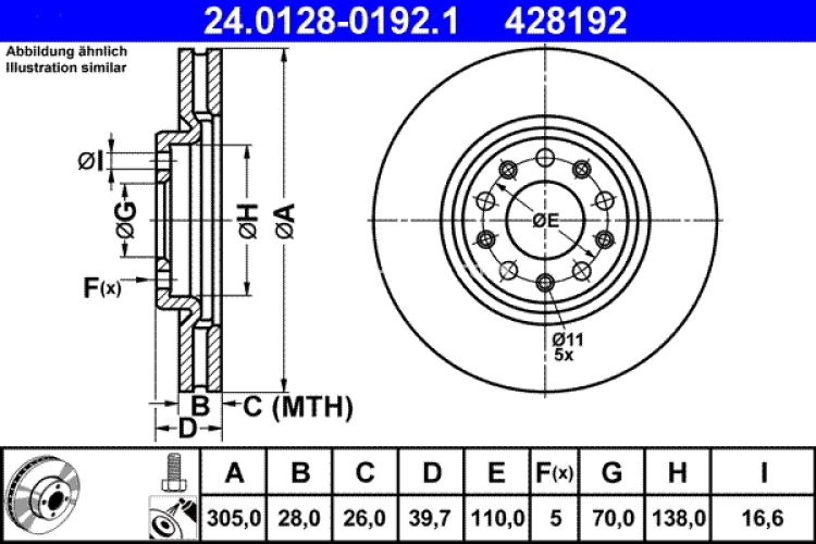 Disc frână ATE, față, pentru: ALFA ROMEO 159, BRERA, GIULIETTA, GIULIETTA/HATCHBACK, SPIDER; CHRYSLER 200; FIAT 500X; JEEP COMPASS, RENEGADE 1.0-3.2 06.05-