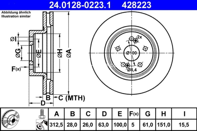 Disc frână ATE, față, pentru: RENAULT CLIO III, GRAND SCENIC II, MEGANE II 2.0/2.0D 04.04-12.14