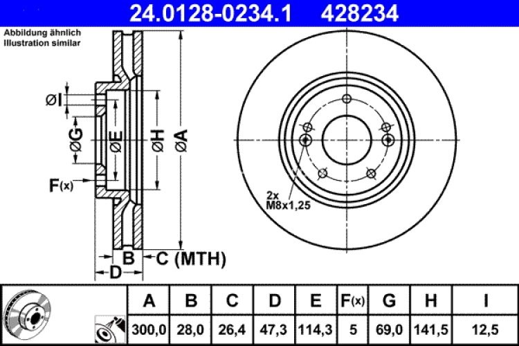 Disc frână ATE, față, pentru: HYUNDAI I30, IX35, TUCSON, VELOSTER; KIA CEE'D, PRO CEE'D, SOUL II, SPORTAGE II, SPORTAGE III 1.0-Electric 08.04-