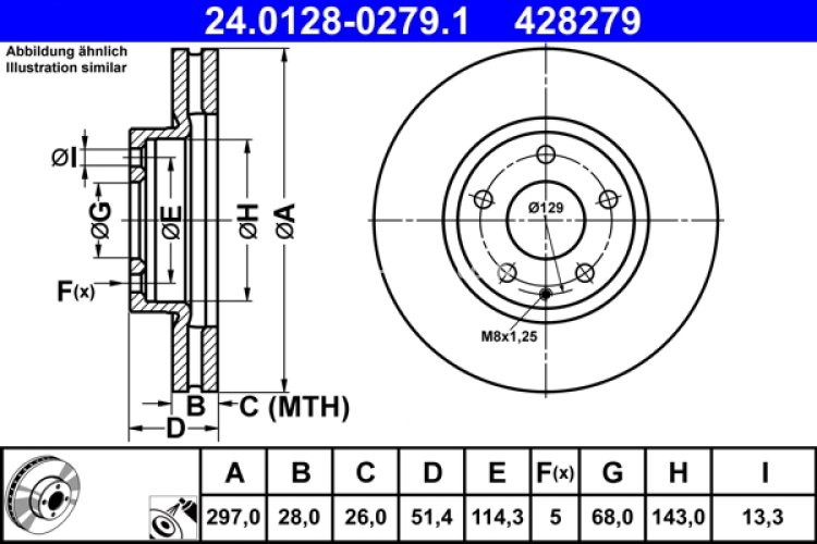 Disc frână ATE, față, pentru: MAZDA 6, 6/KOMBI, CX-5, CX-9 2.0/2.2D/2.5 11.11-