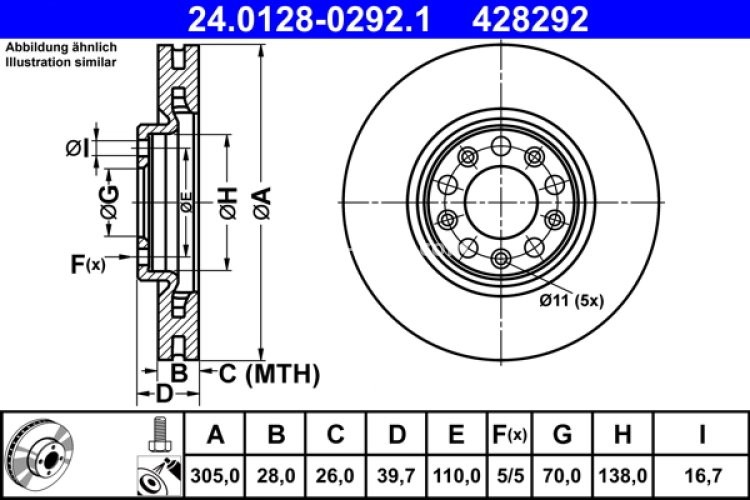 Disc frână ATE, față, pentru: ALFA ROMEO 159, GIULIETTA, TONALE; FIAT 500X; JEEP COMPASS, RENEGADE 1.0-2.4 09.05-