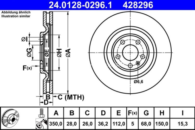 Disc frână ATE, spate, pentru: AUDI A6 ALLROAD C8, A6 C8, A7, A8 D5, E-TRON, E-TRON GT, Q7, Q8, Q8 E-TRON; VW TOUAREG 2.0-Electric 01.15-