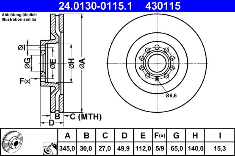 Disc frână ATE, față, pentru: AUDI A3; SEAT LEON; SKODA SUPERB II; VW EOS, GOLF IV, GOLF V, GOLF VI, PASSAT B6, SCIROCCO III 1.2-3.6 05.03-11.17
