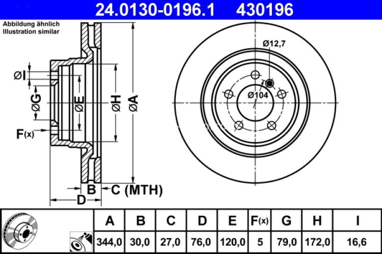 Disc frână ATE, față, pentru: LAND ROVER RANGE ROVER III 3.0D/4.4 03.02-08.12
