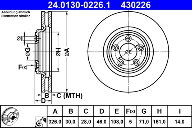 Disc frână ATE, față, pentru: JAGUAR S-TYPE II, XF I, XF SPORTBRAKE, XJ, XK II 2.0-4.2 05.03-12.15